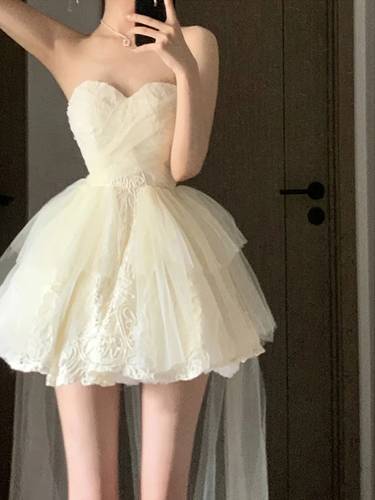 

Women's Summer Tight Waist Pettiskirt Trailing Dress Tube Top Lace Dress