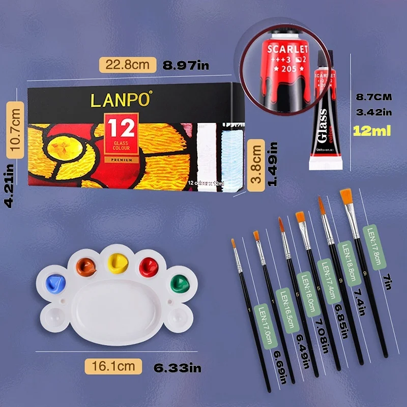 아크릴 안료 아트 용품, 유리 페인팅, 6 펜, 팔레트, 24 색, 12 ml