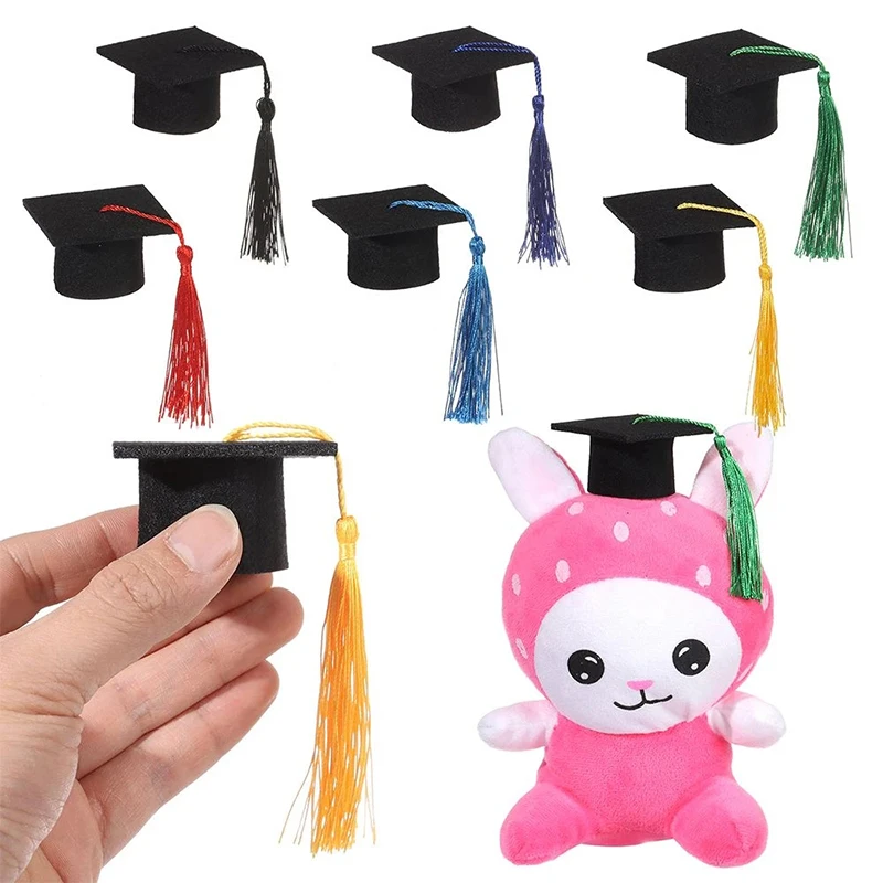 

10Pcs Fashion Mini Graduation Hat Doctoral Cap Costume Top Hat With Tassels DIY Doll Decor Flowers Wine Bottle Dolls Decoration