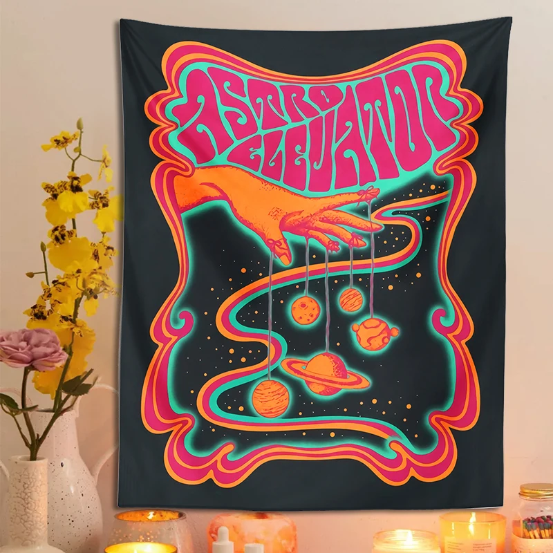 Tapestry Decorations Psychedelic planet Tapestry Wall Hanging color Hippie hand Art black Bohemian for Living Room Home Dorm Decor cloth