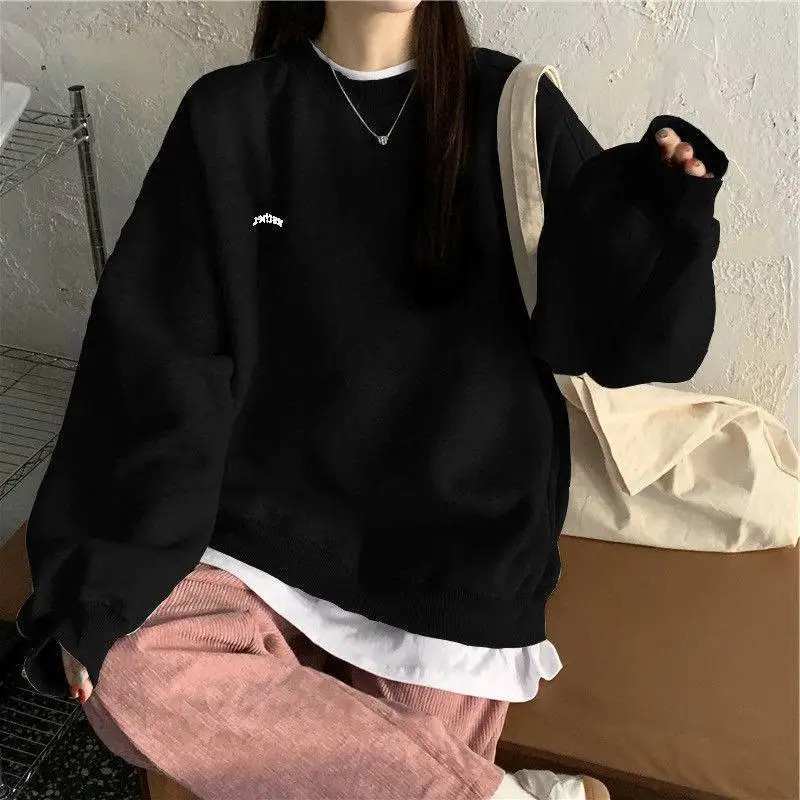 2023 Spring Autumn Sweatshirt Women Kpop Fleece Thickened Sweatshirt New Fashion Versatile Loose O-neck Clothes