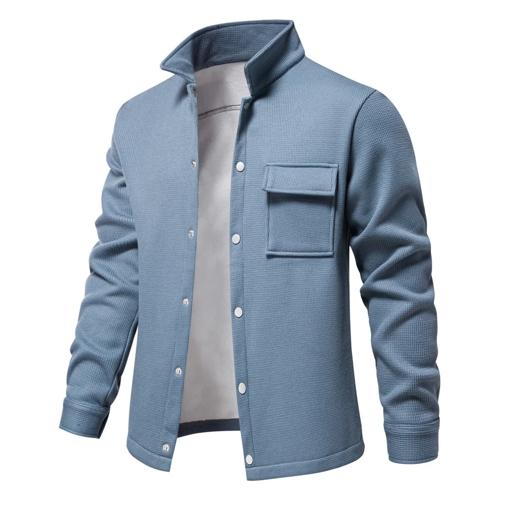 Autumn Winter Fleece Waffle Lapel Zip-Up Jacket Men's Pocket Casual Outerwear