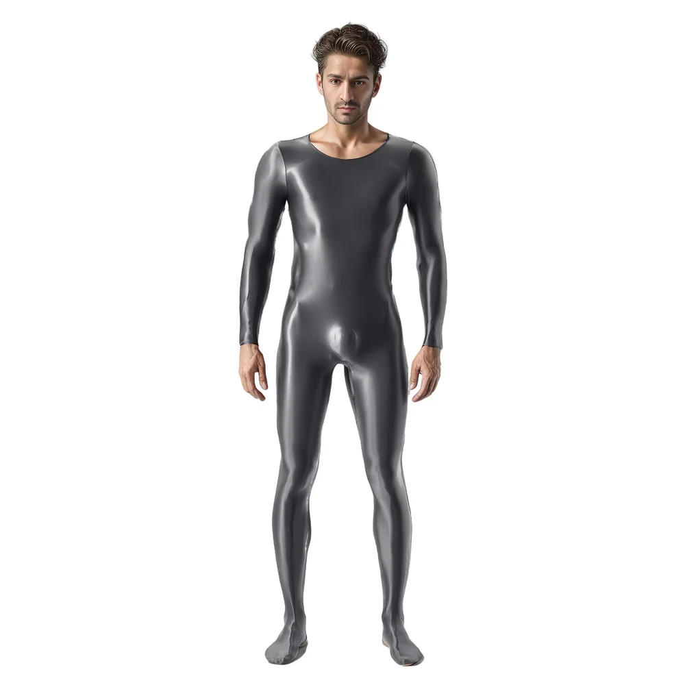 High-Elastic Plus Size Tight Leotard Unisex Full-Body Jumpsuit Glossy Silky Gloss Bodystocking Catsuit Long Sleeve Yoga Bodysuit