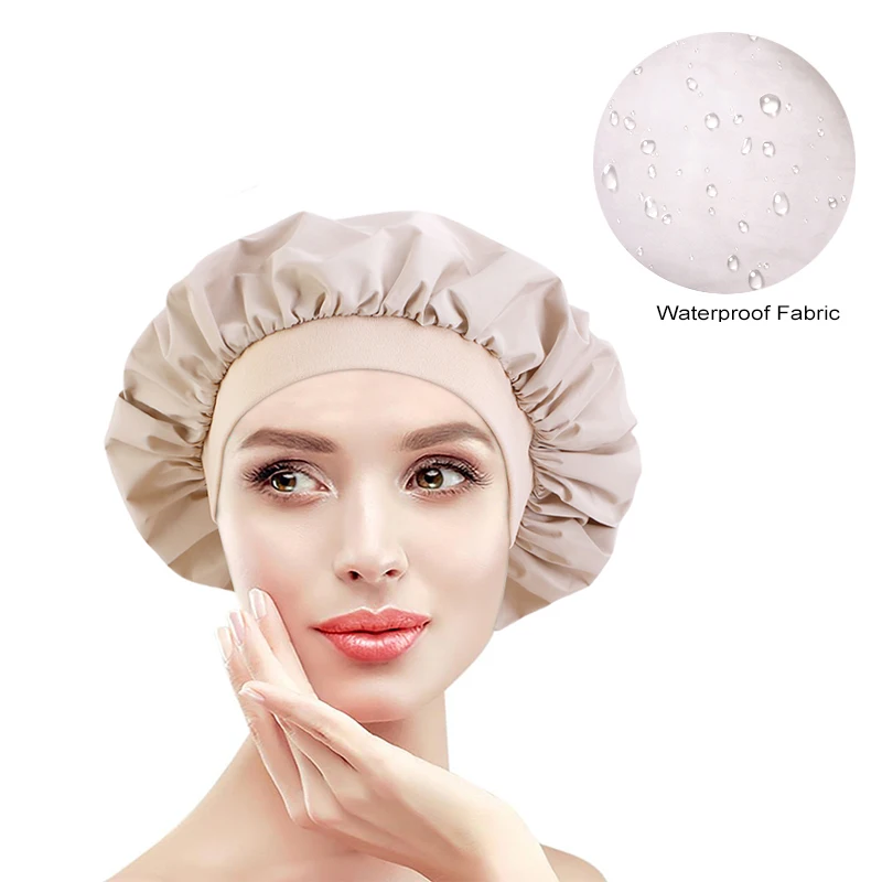 

New Women Fashion Stretch Wide Border Waterproof Cap Solid Simple Nightcap Beauty Hair Care Hat Multicolor Reusable Shower Cap