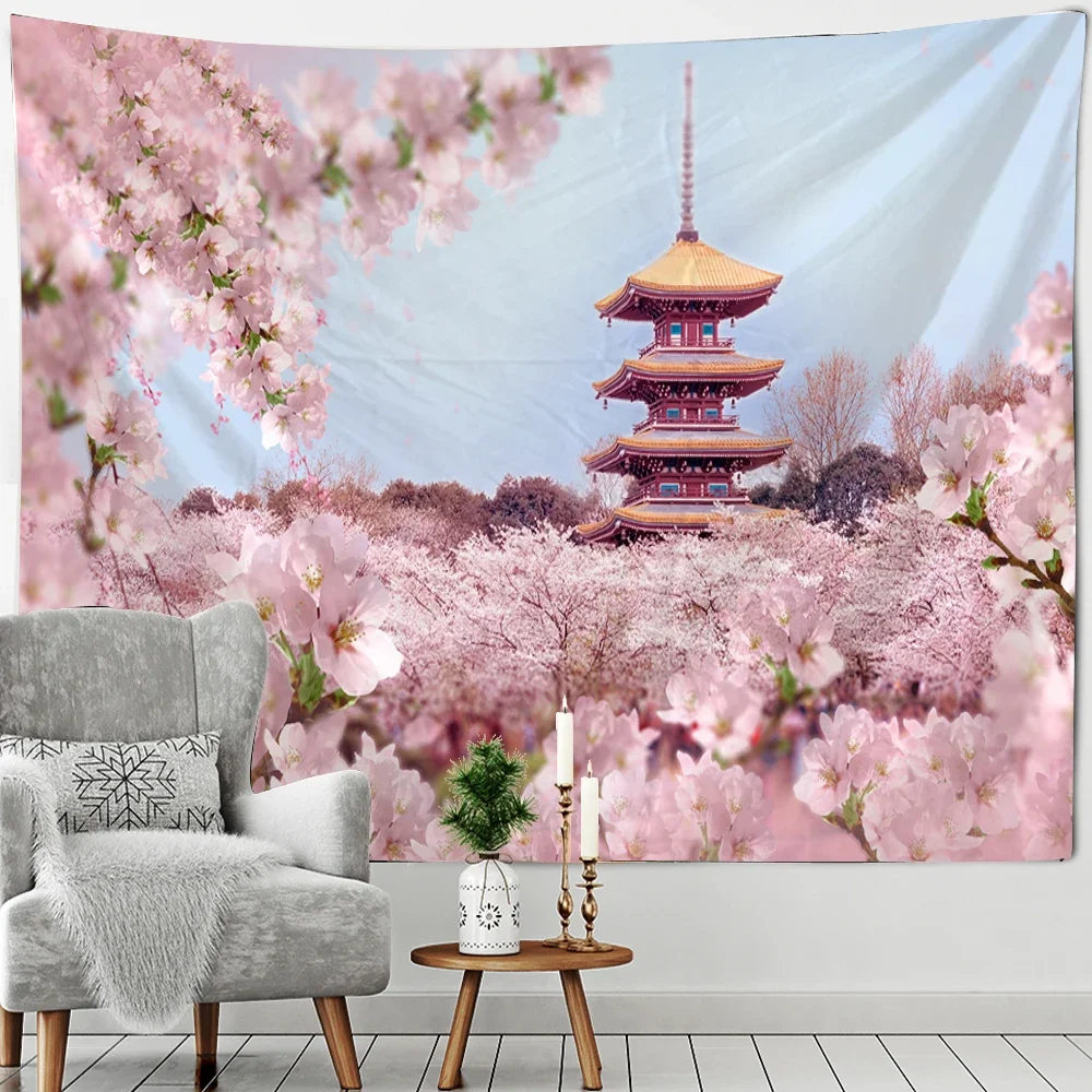 Beautiful Mount Fuji Cherry Blossoms Chureito Pagoda Landscape Wall Hanging Tapestry Art Deco for Living Room Bedroom Home Decor