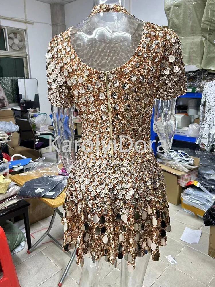 

Champagne Shining Lovely Sequins Mini Dress Costume Celebrate Rhinestone Bodysuit High Quality Sexy Nightclub Dresses