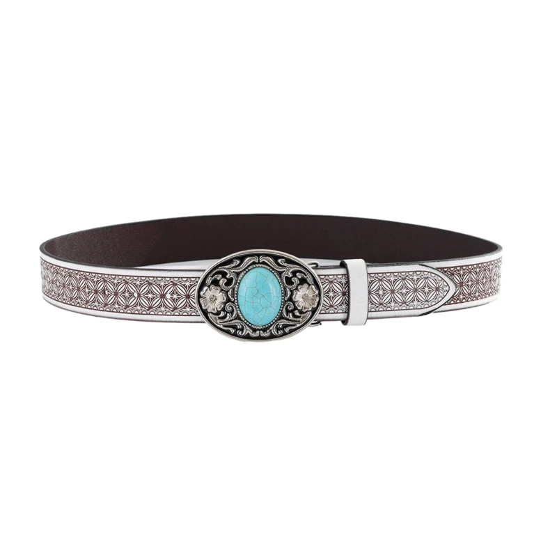 

Teens Turquoise Buckle Belt Eye-catching Adjustable Carved Floral Waist Straps