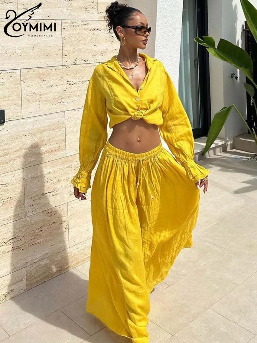 

Повседневные желтые хлопковые комплекты Oymimi для женщин, 2 предмета, элегантные рубашки с длинным рукавом на пуговицах и широкие брюки со шнуровкой, женские комплекты