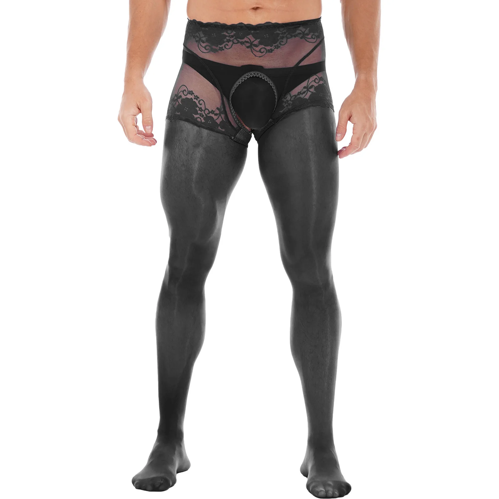 Mens Sissy Open Crotch Pantyhose Lace Trim Sheer Mesh Gay Male Stockings Leggings See-Through Crossdress Lingerie Underwear