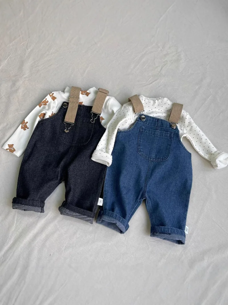 2025 Spring New Baby Fashion Denim Overalls Infant Boy Loose Strap Trousers Girls Solid Versatile Casual Pants Toddler Jeans