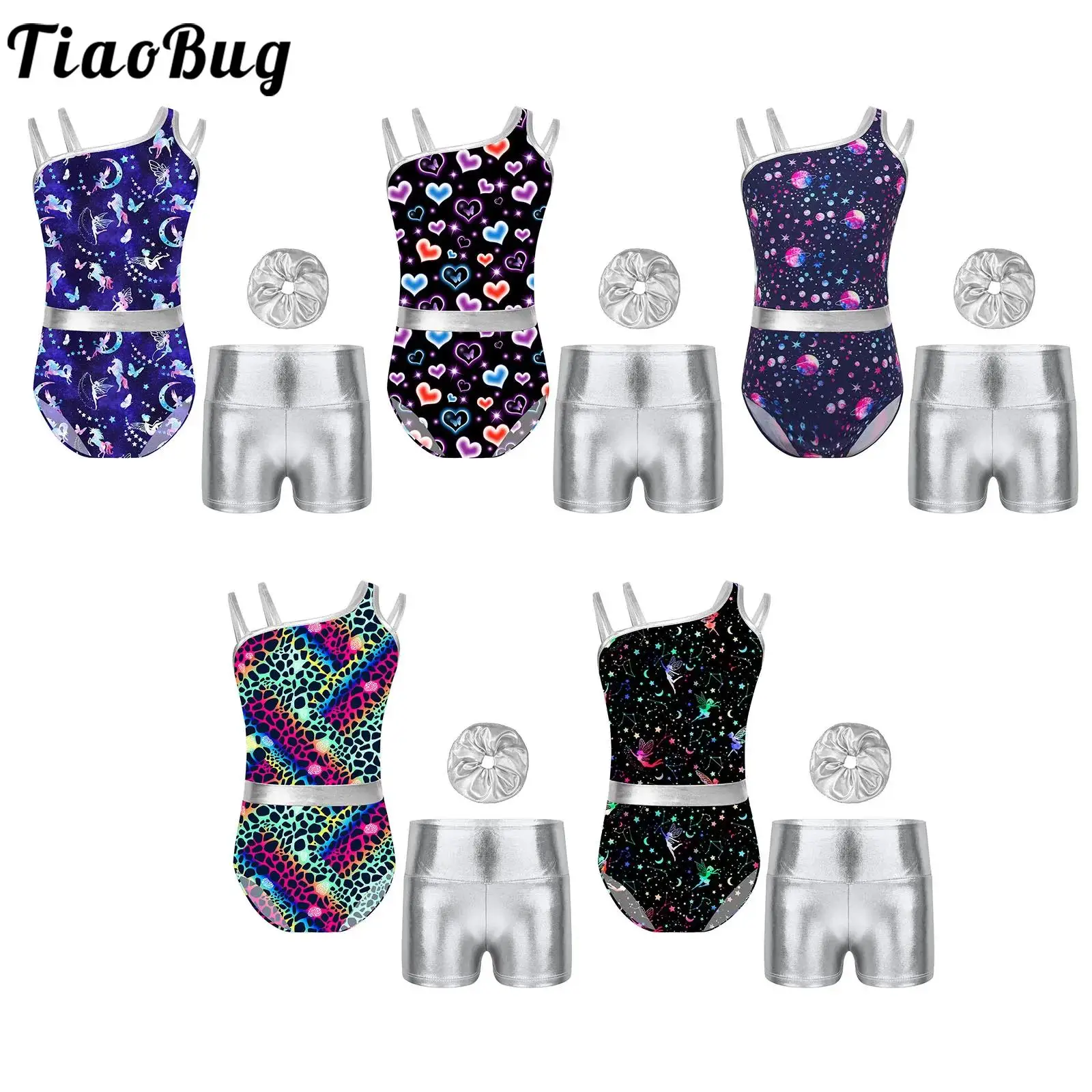 

Детский танцевальный комплект для девочек, асимметричный трико на лямках с принтом, шорты с высокой талией и повязка на голову для гимнастических соревнований