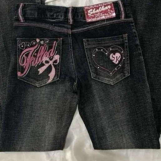 Gothic Hot Sweetheart Jeans Y2K Clothes Hip Hop Love Letter Graphic Retro Baggy Jeans Smart Casual High Waist Wide Leg Trousers 2