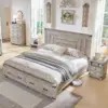 Farmhouse King Size Bed Frame with 54" Tall Geometric Headboard & 2 Large Storage Drawers, Rustic Wood Platform Bed 1