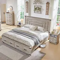 Farmhouse King Size Bed Frame with 54" Tall Geometric Headboard & 2 Large Storage Drawers, Rustic Wood Platform Bed 1