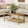 Rectangle Coffee Table with Storage 2-Tier Structure Solid Wood Legs Natural Seagrass Shelf Living Room Organization 1