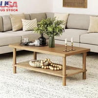 Rectangle Coffee Table with Storage 2-Tier Structure Solid Wood Legs Natural Seagrass Shelf Living Room Organization 1
