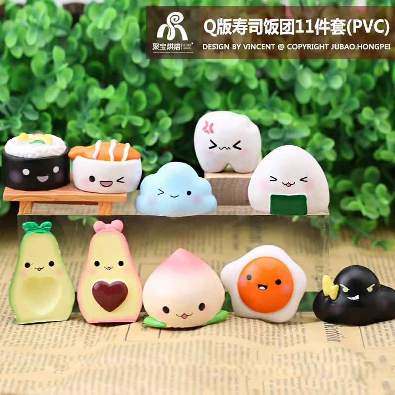 

10pcs/Set Cute Simulation Avocado Peach Sushi Egg Figurine Cartoon Food Model Doll Home Decor DIY Miniature Fairy Garden Cake