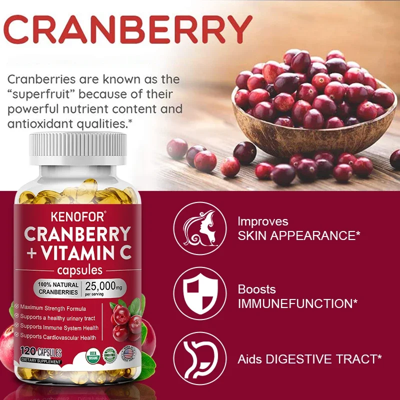 Cranberry Extract Concentrate + Vitamin C-Supports Urinary Tract Cardiovascular Skin and Bone Health Improves Digestion