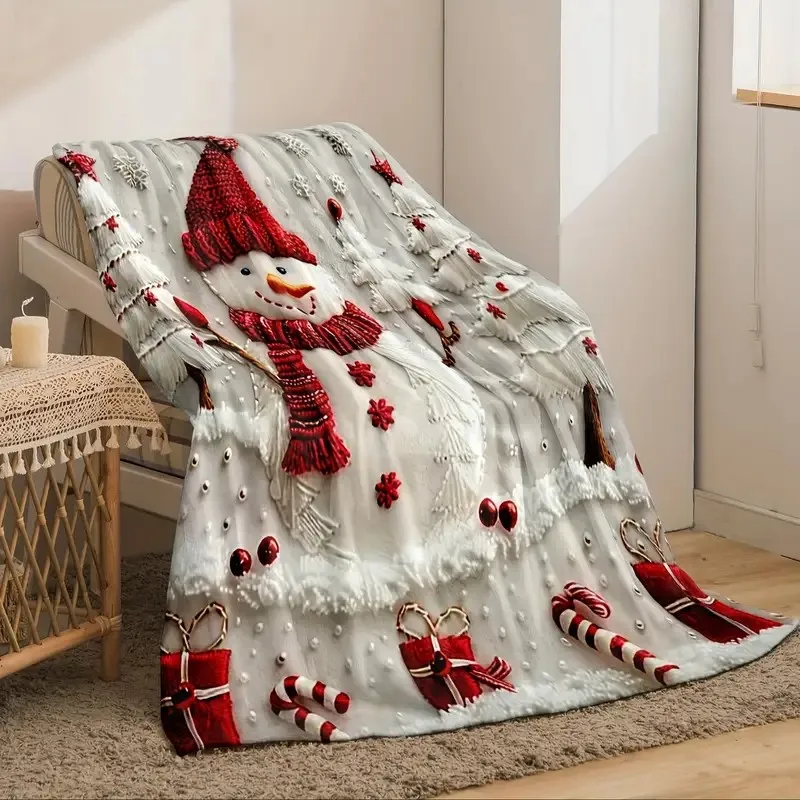 1pc Christmas Snowman & Tree Pattern Flannel Blanket , All-Season Use, Holiday Decor,Festive Design,Plush Texture,Christmas