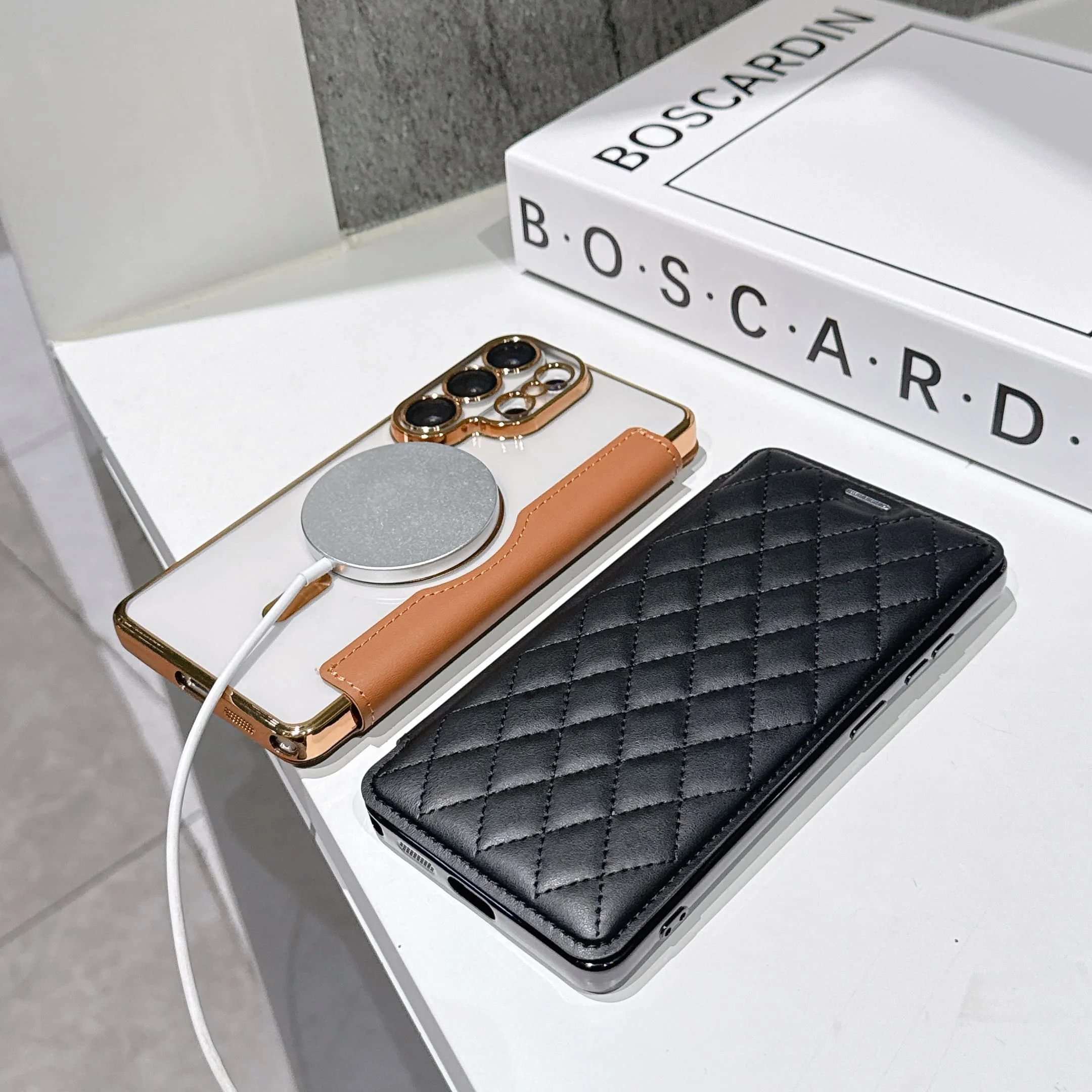 Premium PU Leather Magnetic Flip Wallet Case with Card Slots and Wireless Charging Compatibility