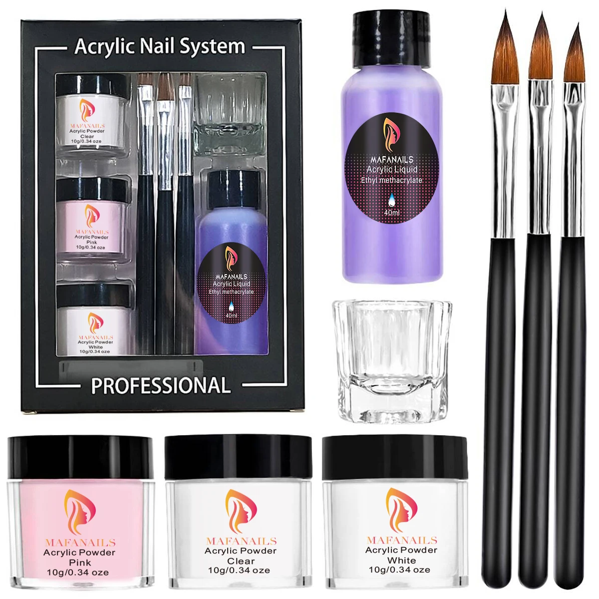 8Pcs/kit Acrylic Powder&Liquid Set 10g*3jar Acrylic Powder +40ml ACrylic Liquid+3Pcs Pen +Glass Cup DIY Extension Powder