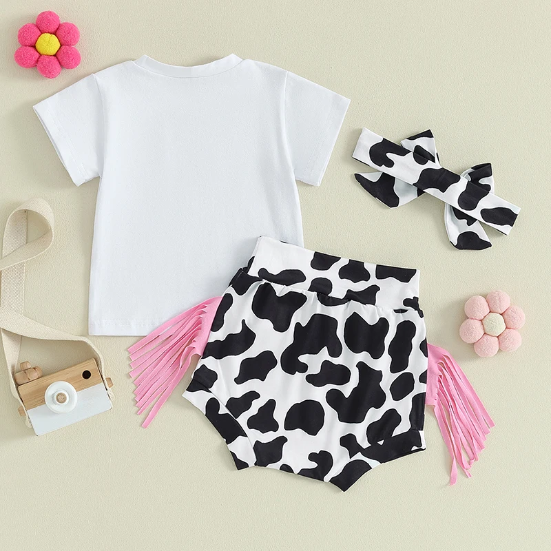 

Newborn Baby Girl Summer Clothes Western Short Sleeve T-shirt Cow Print Shorts with Tassels Headband 3Pcs Set