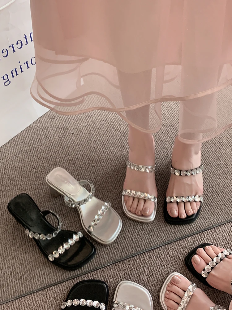 

Женские туфли на толстом каблуке, новинка весны-лета 2024, модные сандалии со стразами на высоком каблуке