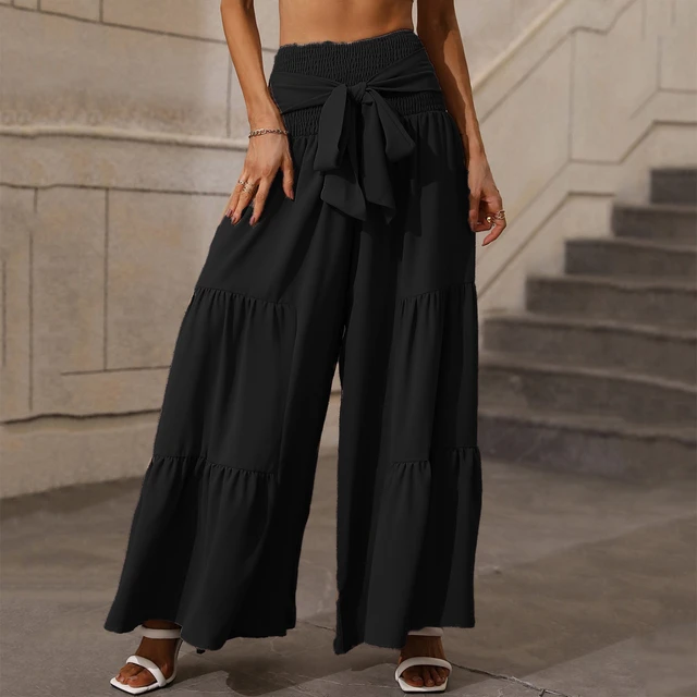 Women High Waisted Tie Elastic Waist Pleated Rayon Flare Palazzo Pants  Beach Pant Lounge Trousers Wide Leg Pants 