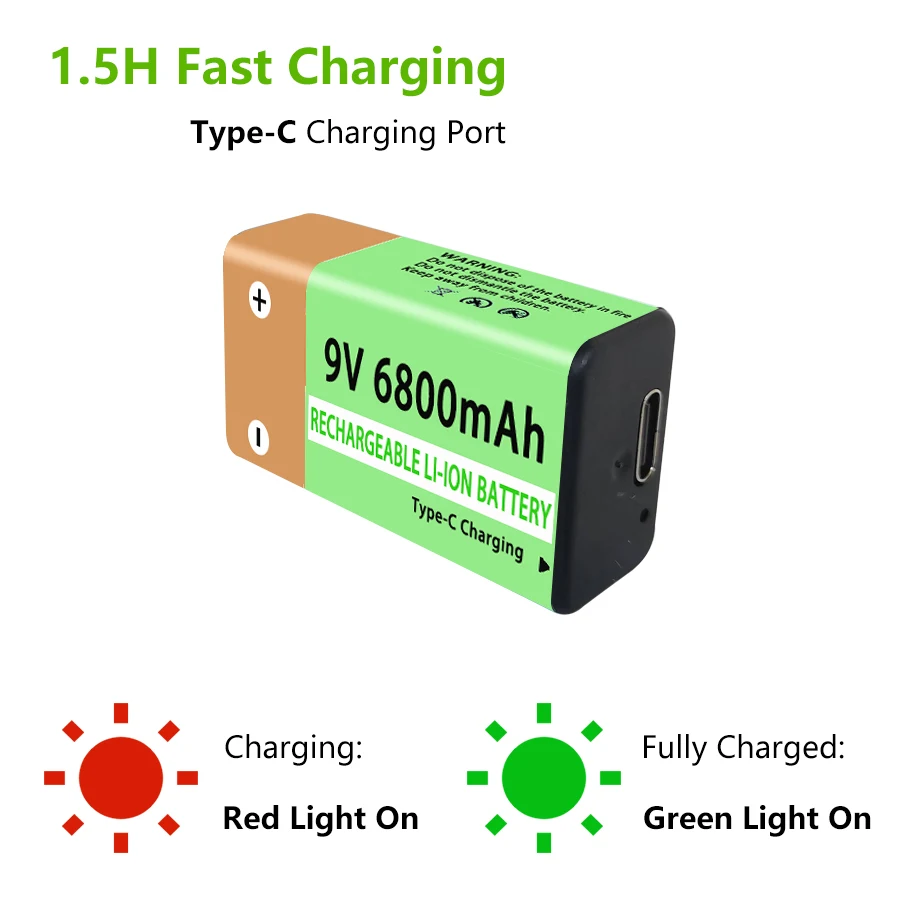 9V Rechargeable Battery Large Capacity Long-Lasting Li-ion Battery Type-C Port 6800mAh 1.5H Fast Charge Over 1500 Cycle Life