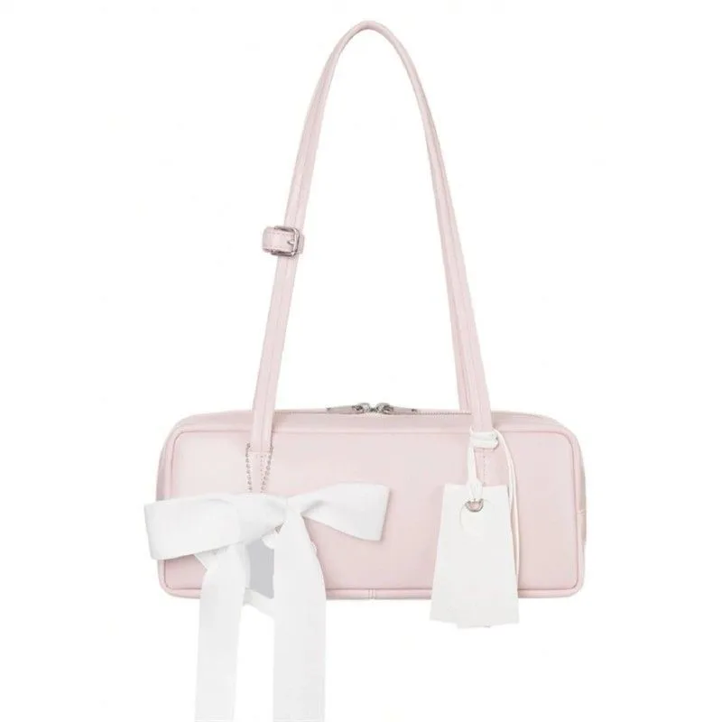 Japanese Style Sweet Cute Bow Shoulder Bags Women Leather Large Capacity Crossbody Bag Ladies Square Casual Gentle Underarm Bag