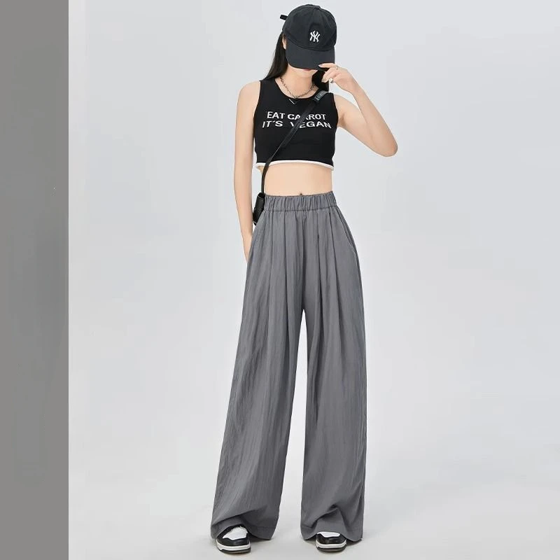 2023 Summer New Ice Silk Wide Leg Pant Korean Style Solid Women Pants Streetwear Women Wide Leg Pants Women Plus Size