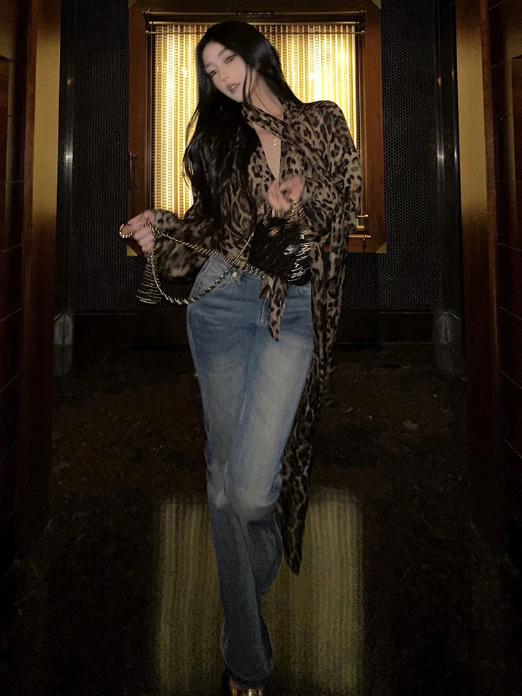 Nibber Lace-Up  Sexy Leopard Chiffon Shirt Women Halter Ribbon Deep Neck Long Sleeve Elegant Commute Hottie Midnight Clubwear