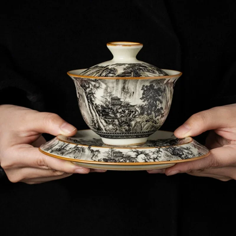 170ML Ru Kiln Landscape Porcelain Gaiwan Set For Tea Tureen Teaware Cup Chinese Yellow Ceramic Opening Tea Bowls Ceremony