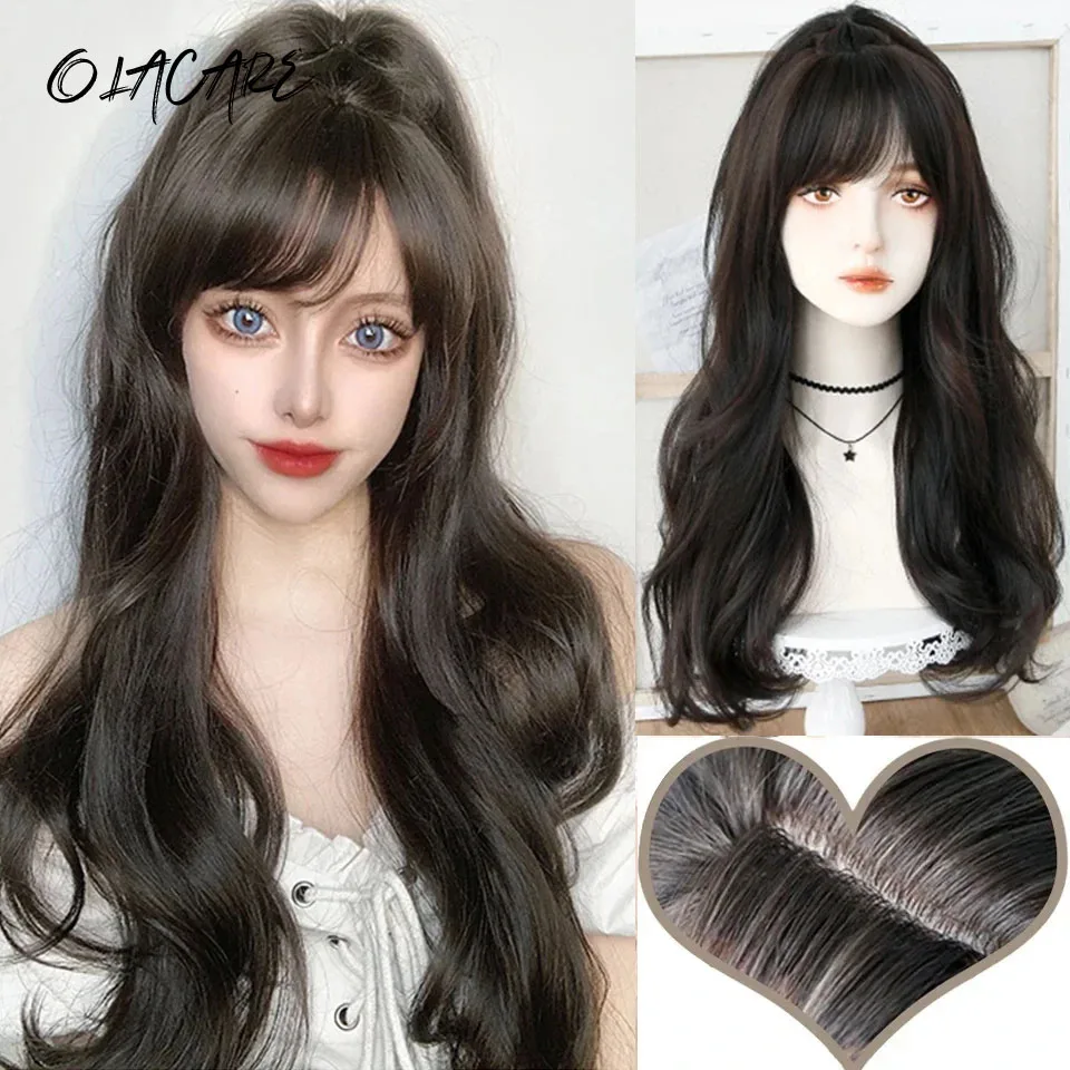 Synthetic Brown Long Wave Wig For Women With Bangs