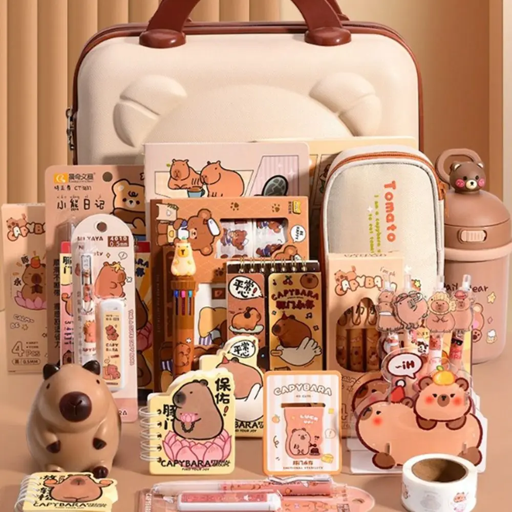 Ensemble Papeterie Animaux Trousse Scolaire Capybara DKDDSSS - 19.5x12x7cm - 26 Accessoires Inclus - Fournitures Bureau École Trousse Eastpak Oval
