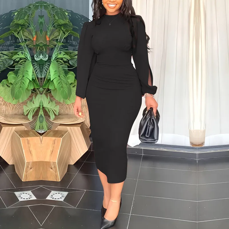 

Elegant Women Slim Dress Fashion Round Neck Hollow Out Sleeve Bodycon Midi Dress OL Pencil Dress