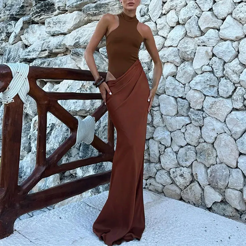 

Sexy Solid Hollow Out Slim Maxi Dress Women Elegant Half High Collar Sleeveless Robes Chic Female Evening Party Club Vestidos