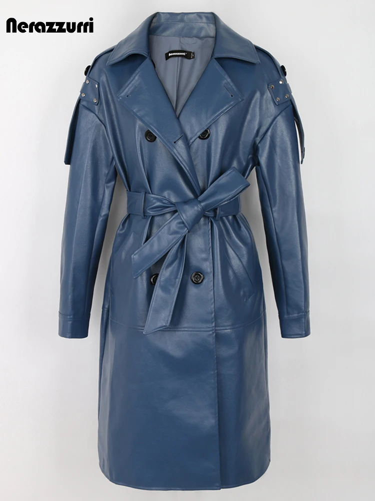 

Nerazzurri Spring Autumn Long Blue Red Faux Leather Trench Coat for Women with Back Slit Sashes Double Breasted Raincoat 2022