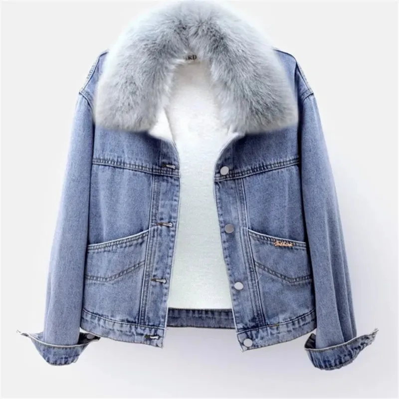 

Autumn Winter Denim Jacket Women 2023 New Thickened Pure Colour Coat Detachable Fur Collar Single-Breasted Outerwear Female