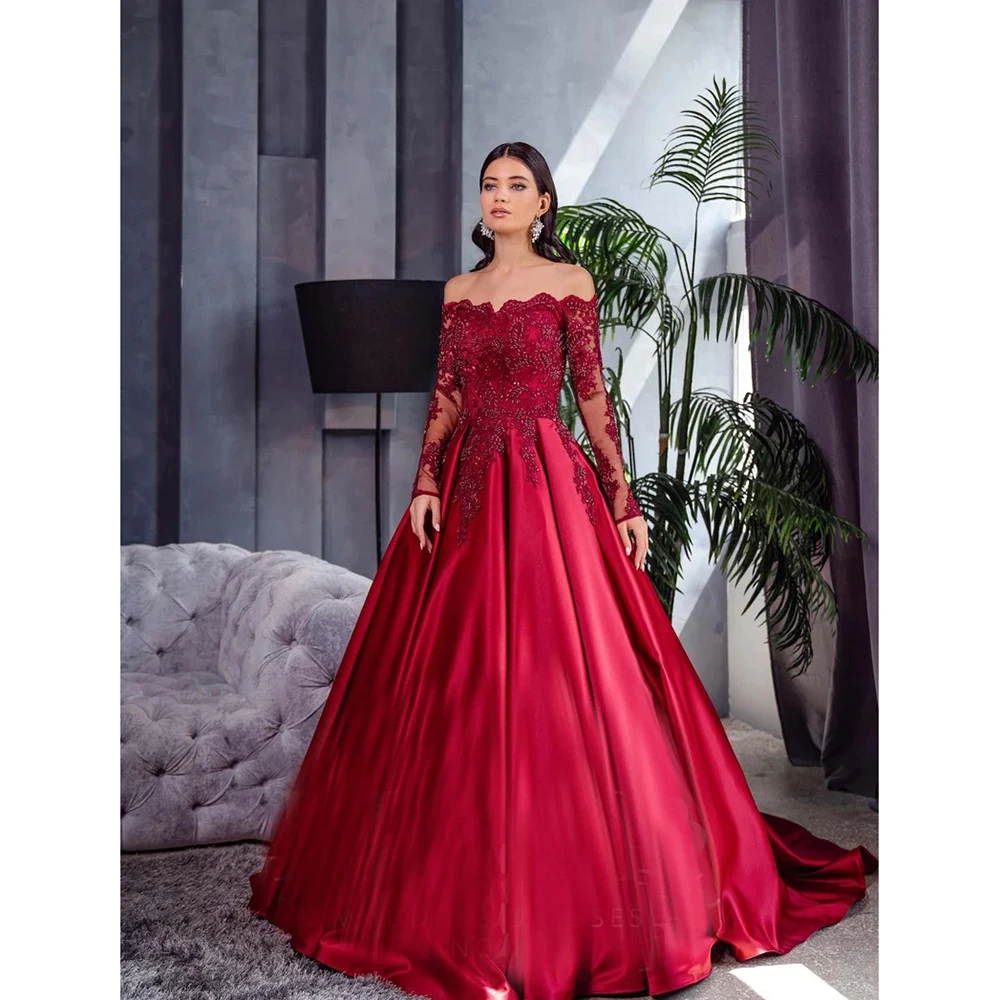 

KSDN Red Luxury Wedding Dress for Brida Boat Neck Ball Gown Long Sleeve Appliques Beaded Elegant Women 2024 فستان حفلات الزفاف