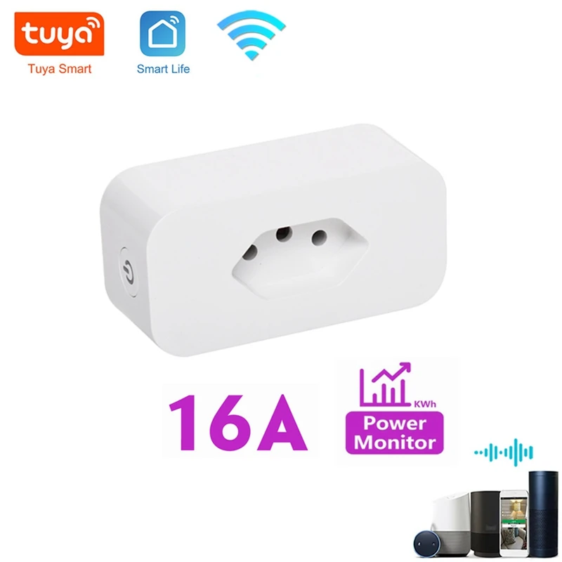 MOOL Tuya 16A Brazil Standard Wifi Smart Plug With Power Monitor,Smart Life APP Smart Socket Voice Work For Google Home Alexa