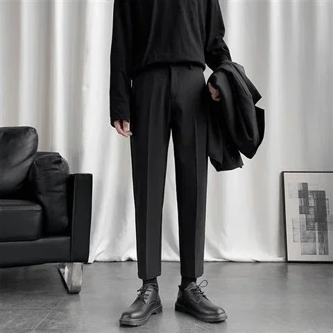 thumbnail image 1 of 9 Pantalones de traje negros recortados para hombre, pantalones de verano para hombre, ajustados, baratos, chinos, finos, informales, formales, elegantes, 2024, 1 of 5