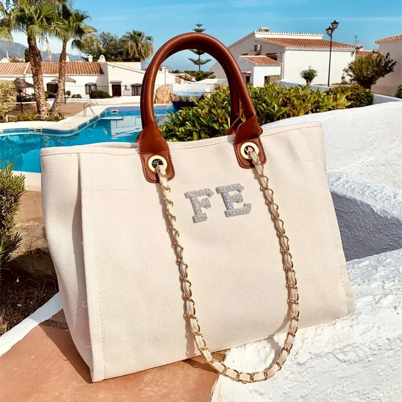Luxury Canvas Chain Tote Bag, Personalised Monogram Tote Bag, Canvas Chain Beach Shopping Tote Bag, Personalise Weekend Hand Bag