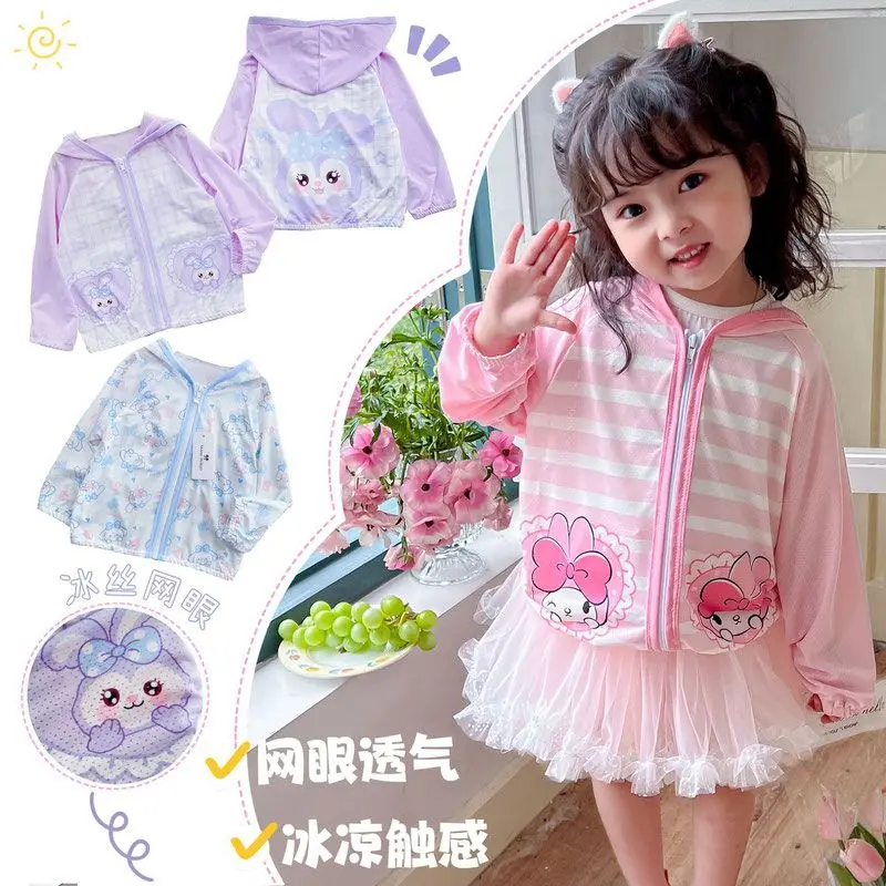 

New My Melody Children Clothes Summer Sanrio Kawaii Anime Cinnamoroll Girls Outdoor Sunscreen Coat Ice Mesh Eye Breathable Gifts