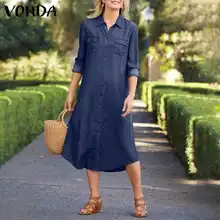 VONDA – Robe en Denim Vintage pour femmes, manches 3/4, boutons amples, couleur unie, tenue de soirée décontractée, surdimensionnée, printemps 
