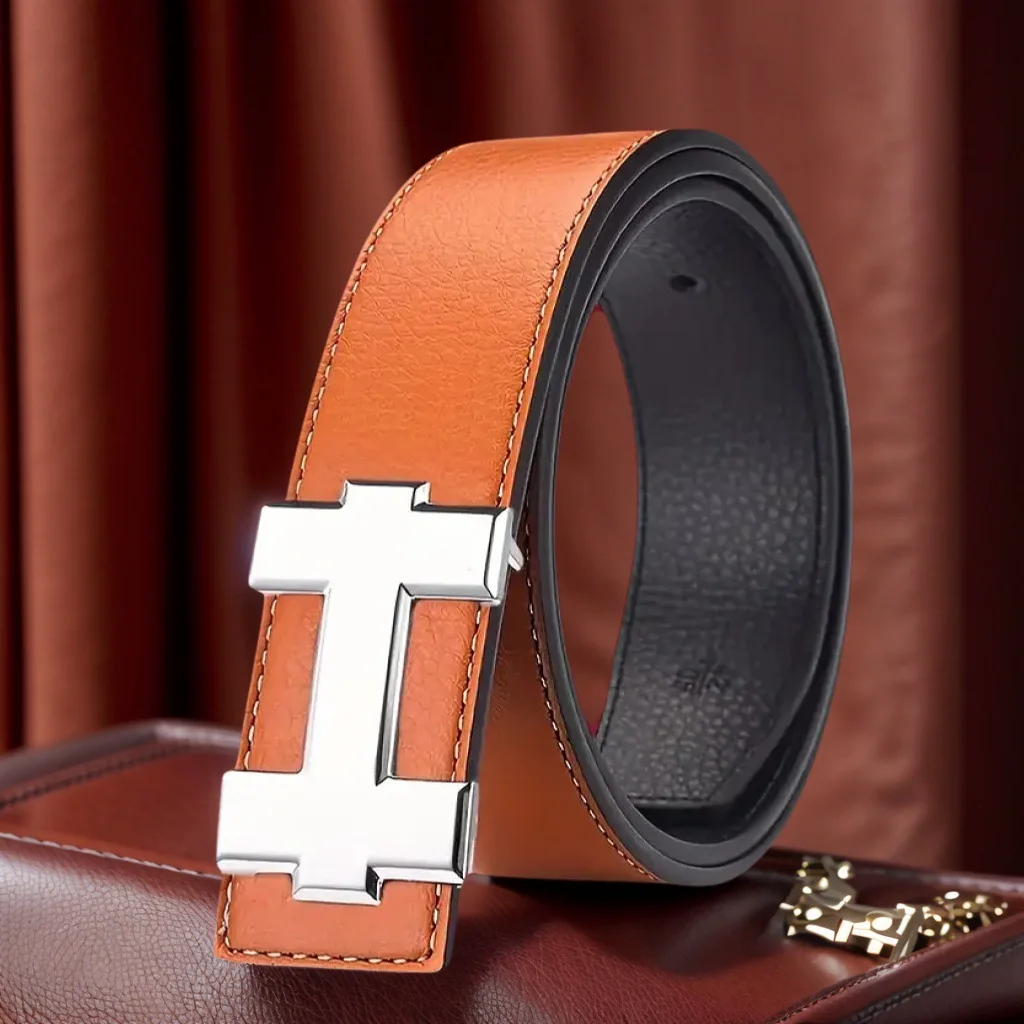 3.5cm Stylish Designer Belt with Gold and Silver Smooth Buckle