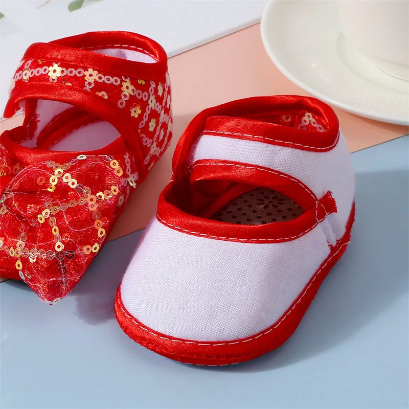 Girls Baby Spring Summer New Walking Shoes Soft Soles Thin Princess Infant Cotton Floor Shoes Sequins Bow Newborn First Walkers 4