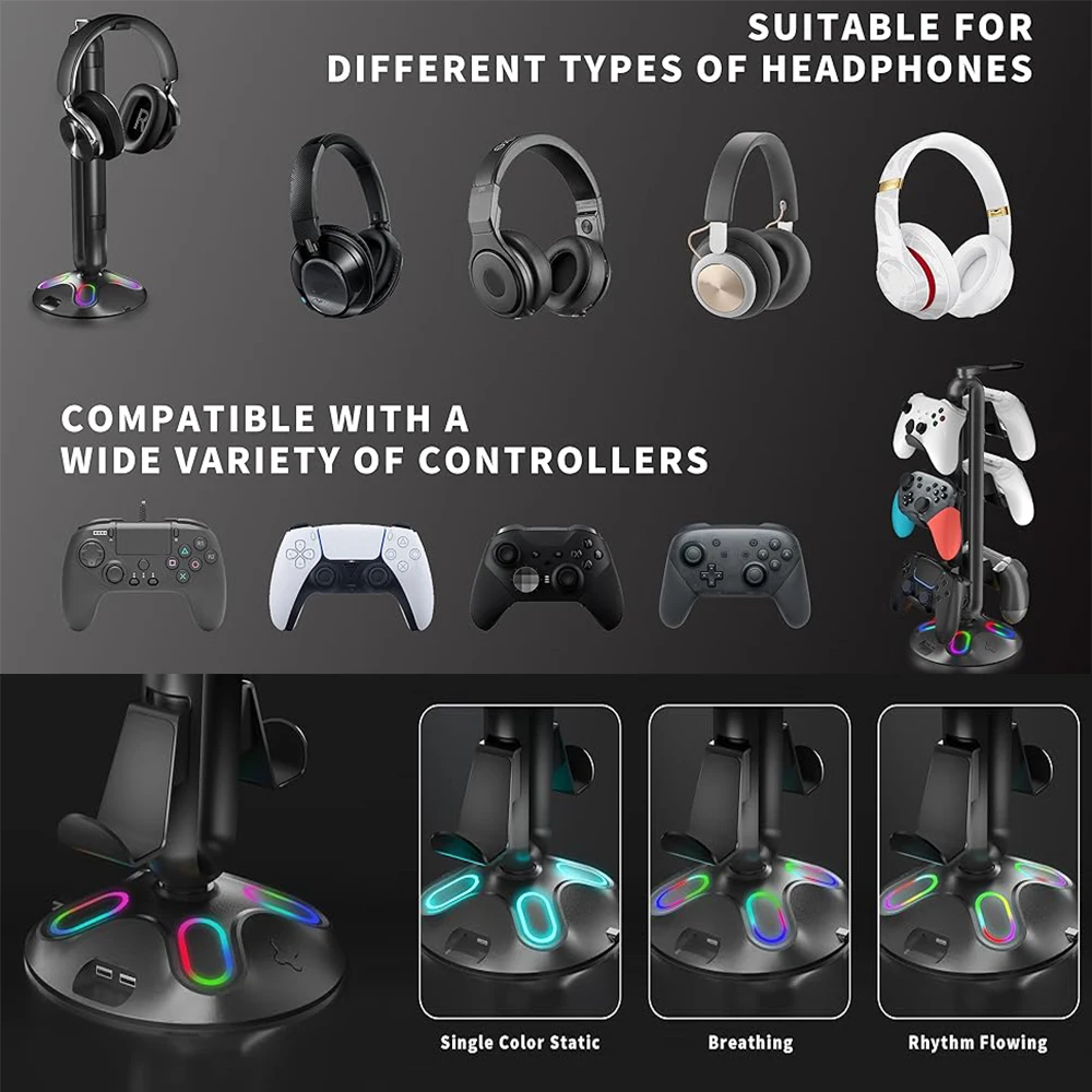 스위치 PS5 Xbox 컨트롤러용 RGB 게임 컨트롤러 거치대, C타입 게임 헤드셋 스탠드 지지대, Win7, 8, 10, 11, 리눅스, 맥, 3.5mm