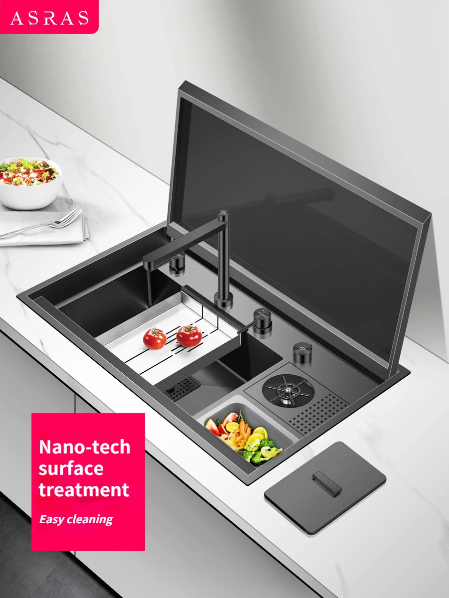 Asras fregadero oculto de acero inoxidable para cocina, fregadero negro