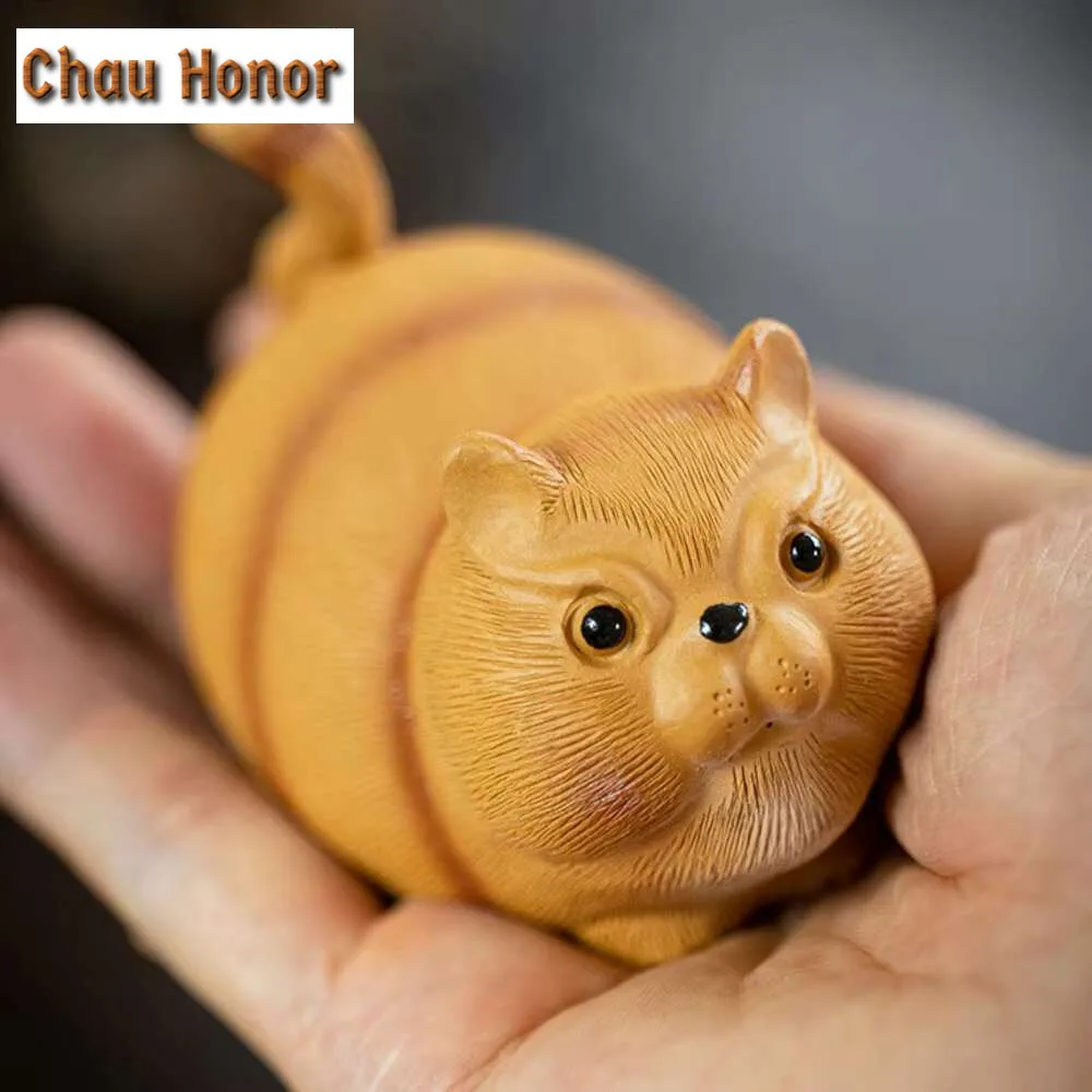 Yixing Purple Clay Tea Pet Handmade Orange Cat Statue Ornaments Tea Figurine Chinese Tiger Zisha Sculpture Tea Set Decoration